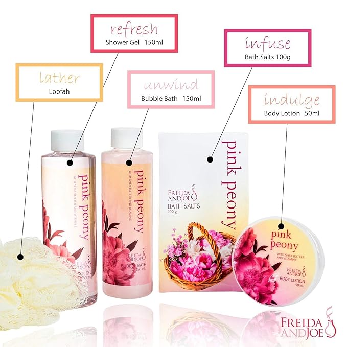 Home Spa Gift Basket Peony Spa Set For Women, Contains Shower Gel, Bubble Bath, Body Lotion, Peony Bath Salt & Puff in a Pink Feminine Tub