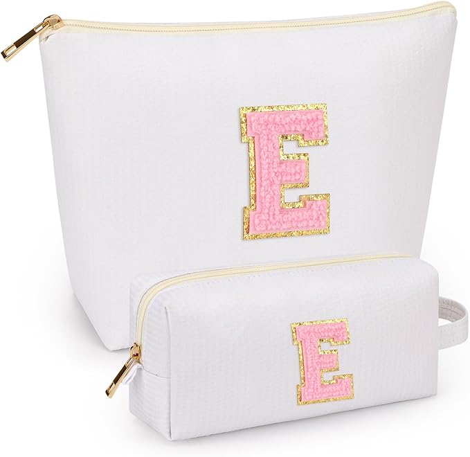 mibasies 2 PCS Initial Makeup Bags for Women: Cosmetic Bag for Travel Toiletry - Personalized Cute Makeup Pouch - Gifts for Grilfriend Wife Moms Bridesmaid - Retirement Travel Gifts - White E