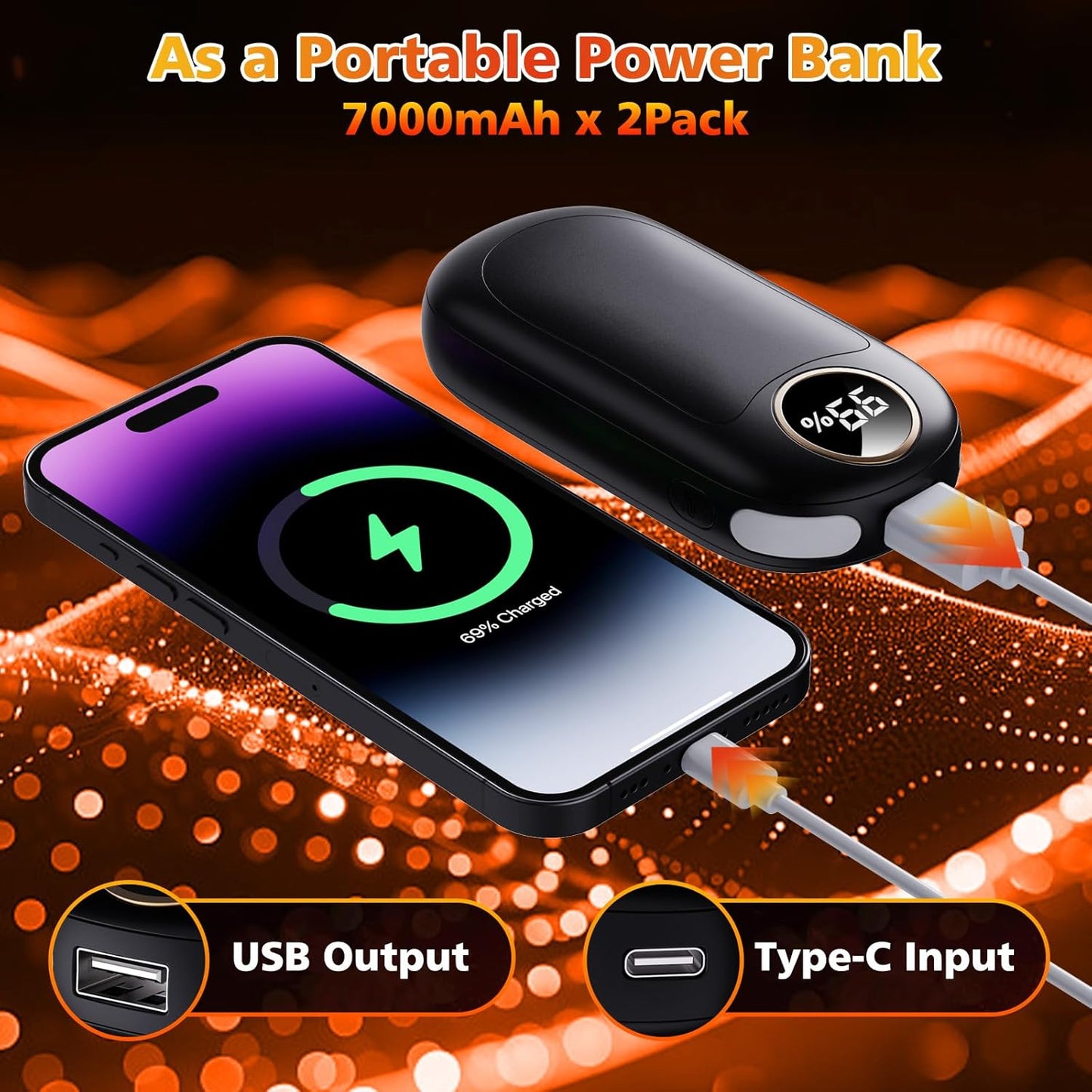 Hand Warmers Rechargeable 2 Pack, Dual Sided Electric Hand Warmer, 20Hrs Warmth, 8 Heating Mode, Portable Charging Pocket Heater for Men, Women, Raynauds, Camp, Hunting, Golf