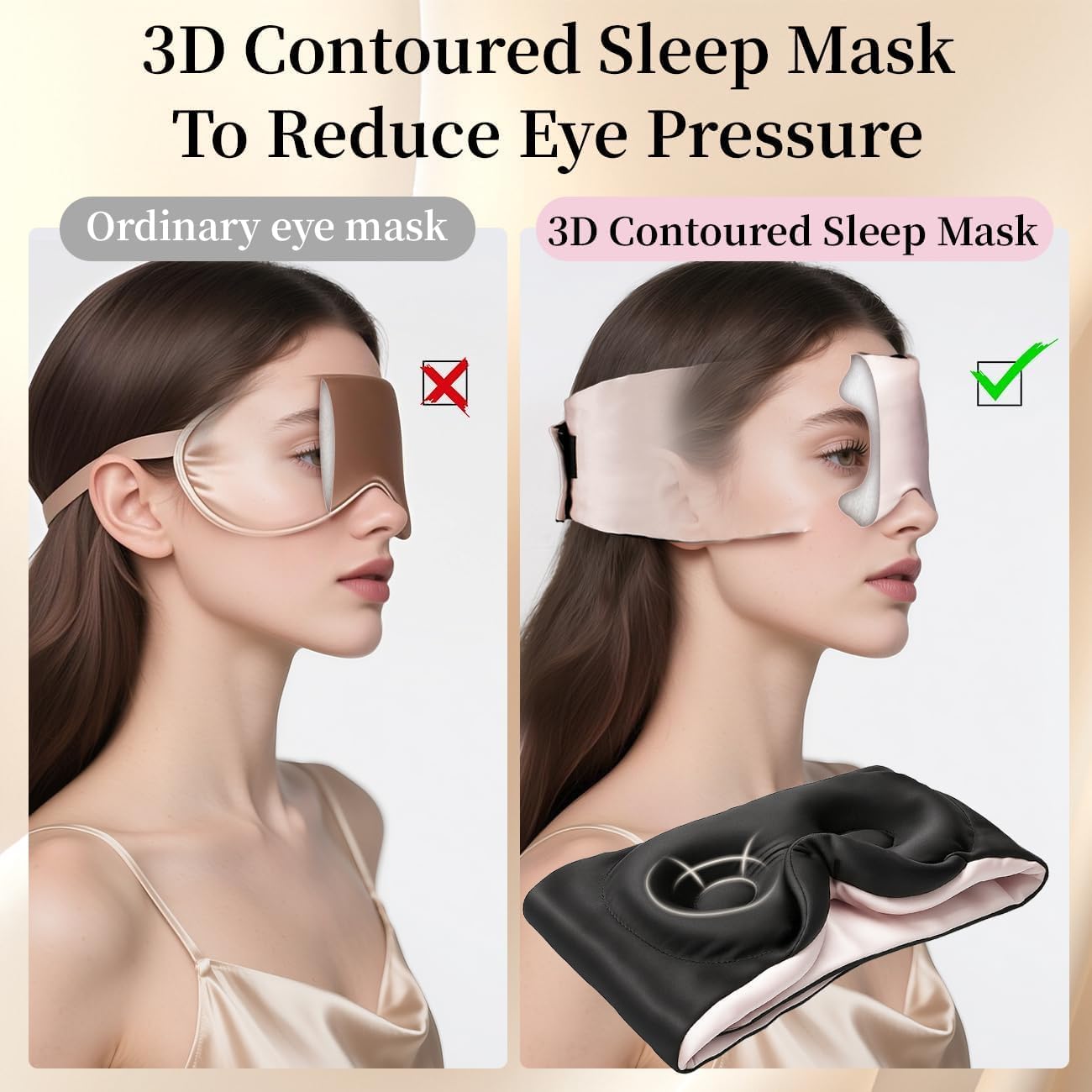 USlixury Silk Sleep Mask, 3D Contoured Sleeping Masks, Blackout Sleep Mask for Women with Nose Wing,100% Pure Mulberry Silk Eye Masks,Face-Hugging Non-Slip, 27.5x4.5'', Peach