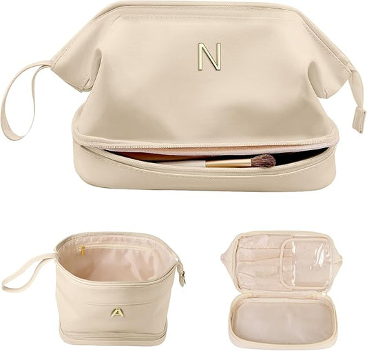 Bridal Party Gifts-Initial Large Makeup Bag, Personalized Double Layer Cosmetic Bag with Makeup Brush Organizer, Travel Toiletry Bag Graduation Gift Bridesmaid Gifts Kids Easter Gift