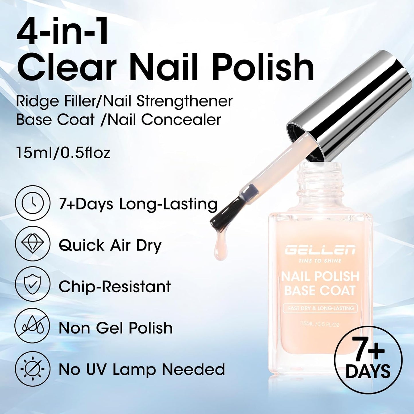 GELLEN 4‑in‑1 Clear Nail Polish Base Coat Sheer Tinted Cream Milky, Ridge Filler For Nails, Nail Strengthener Concealer, Calcium Formula Smoothes Strengthens Nails, Enhances Natural Look, HEMA Free
