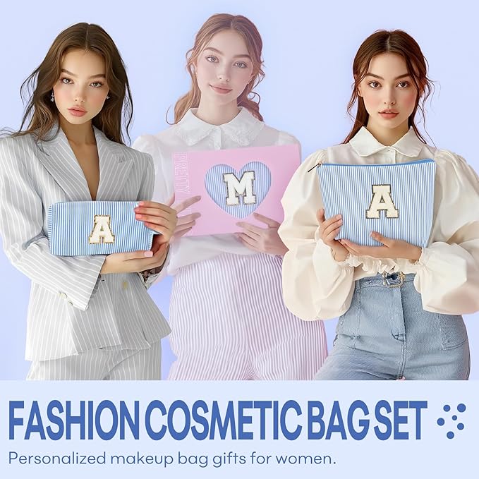 2 PCS Initial Makeup Bags for Women: Cosmetic Bag for Travel Toiletry - Birthday Gifts for 11 12 13 14 15 16 17 18 Years Old Girl Graduation Teacher Gift- Teen Girl Gifts Trendy Stuff - Blue P