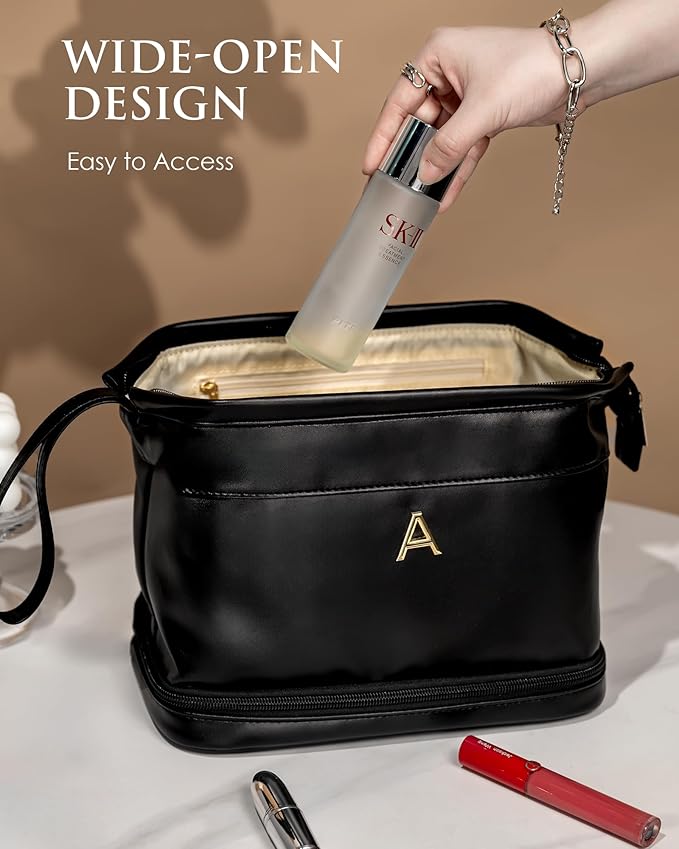 Bridesmaid Gifts for Women, Initial Makeup Bag, Personalized Double Layer Cosmetic Bag with Makeup Brush Organizer, Large Capacity PU Leather Travel Toiletry Bag, Personalized Teacher Gifts