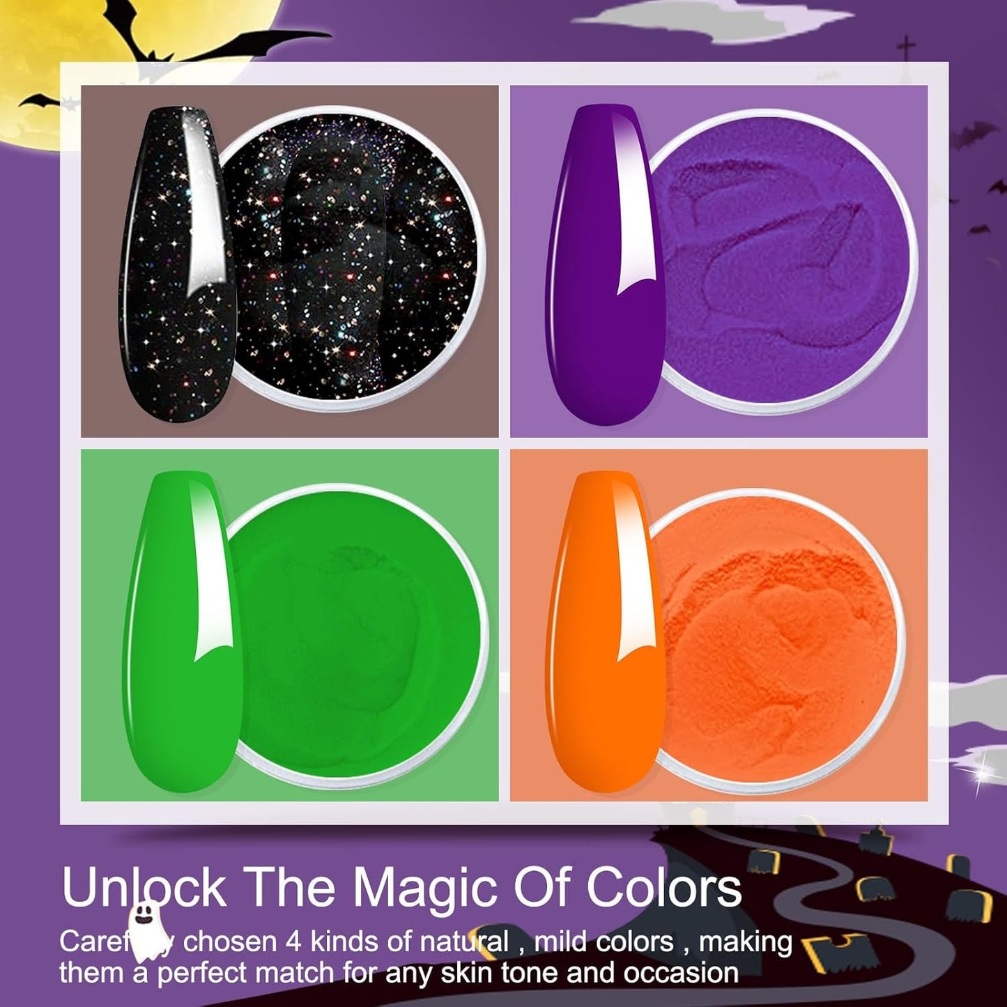 Honey Joy Dip Powder Nail Kit Starter, 4 Colors Halloween Witch Black Pumpkin Orange Mystic Purple Dipping Powder Liquid Set with Base Top Coat for Nail Art Manicure Salon DIY, Dip-7pcs-No.10