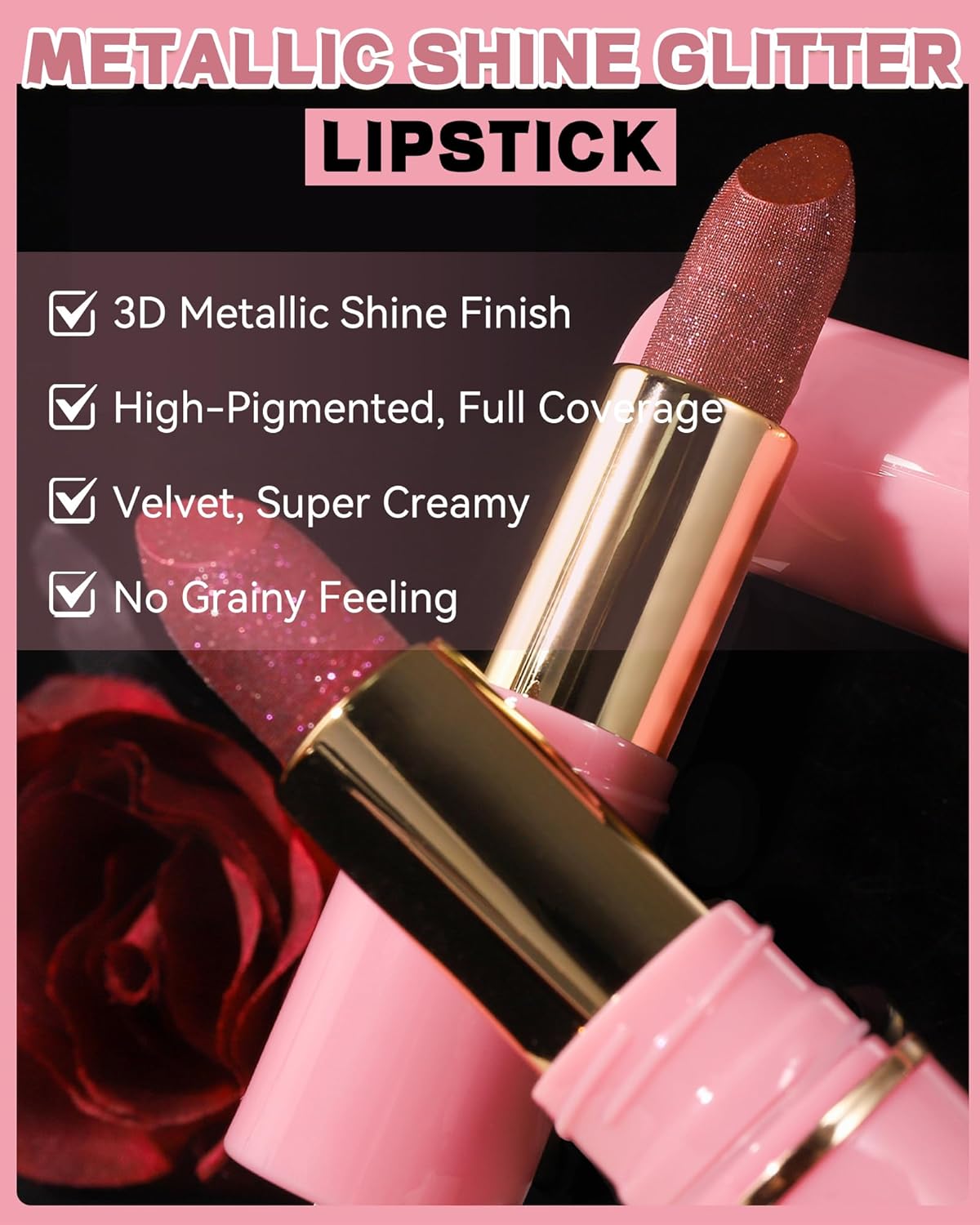 Glitter Metallic Cherry Plum Shimmer Lipstick Long Lasting,Glitter Diamond Shine Red Lipstick Transfer Proof Non-Stick Lip Gloss Shimmer Highly Pigmented Full Coverage Lip Makeup for Women-03