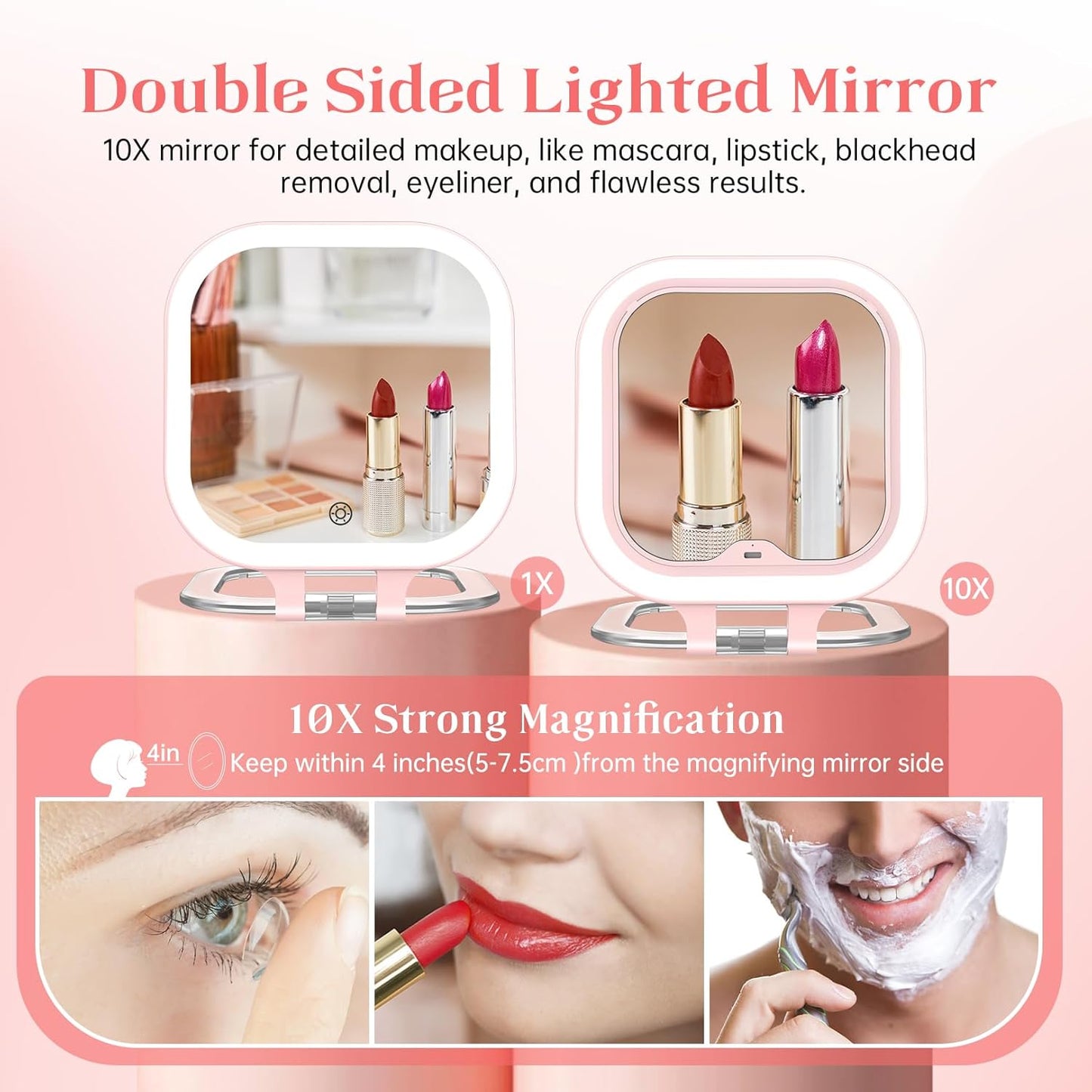 FASCINATE 10X Magnification Compact Travel Makeup Mirror with Lights and Magnification, 3.5 inch Portable 1X/10X Magnifying Mirror with 3 Color Light, Folding, Handheld (Pink)