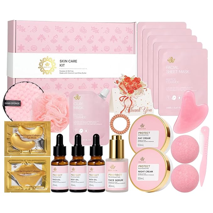 Rose 23 Pcs Facial Skin Care Set, Luxury Bath and Body Gifts for Women, Spa & Self-Care Gifts, Sheet Mask, Eye Mask, Gua Sha, Cream, Face Oil, Birthday, Christmas, Valentines, Mother Day, Girlfriend