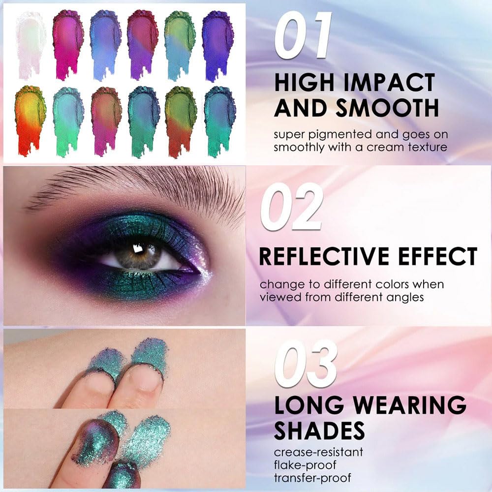 evpct Frost Blue to Purple Chameleon Multichrome Eyeshadow Palette, Glitter Shimmer Metallic Rainbow Holographic Eyeshadow Palette Makeup for Old Women, Gothic Eye Shadow Palette Makeup Highlighter