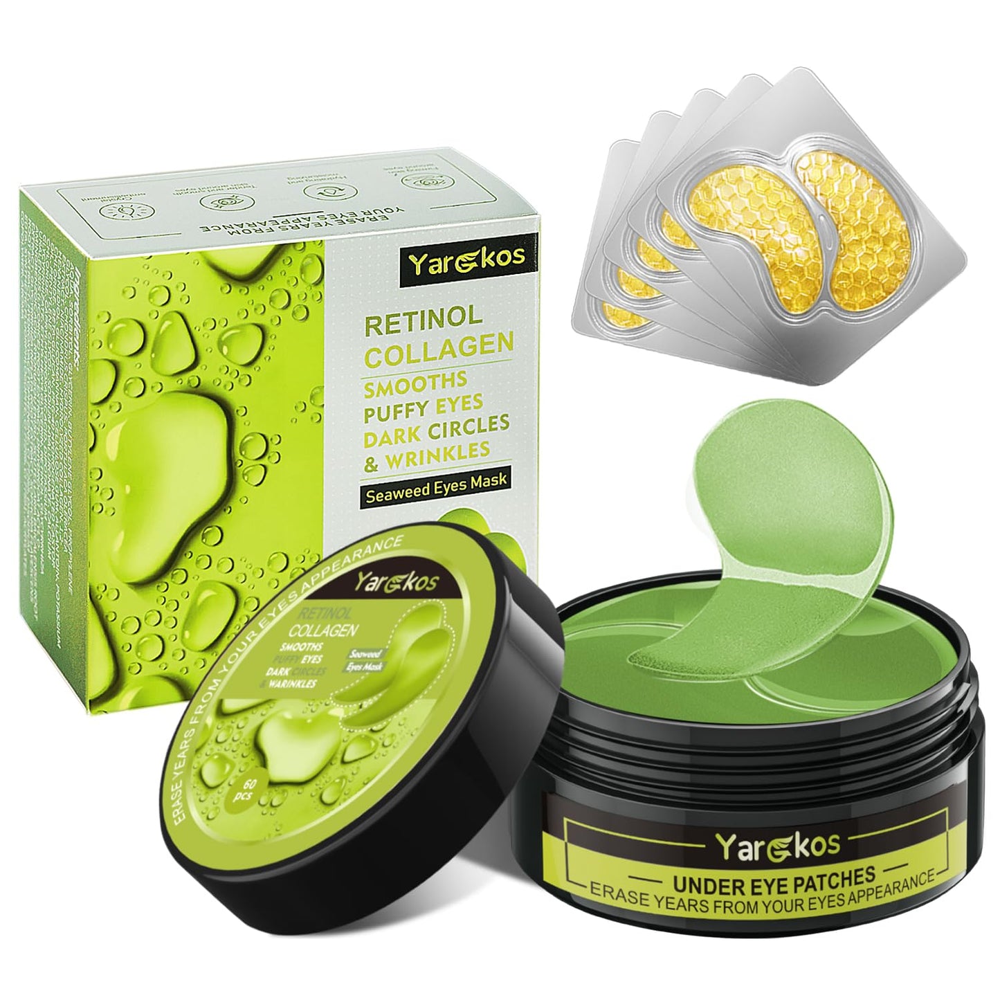 Green Eye Mask 60Pcs, 5 Portable 24K Gold Hydrating Under Eye Patches, 30 Pairs Women Men Collagen Undereye Gel Pads for Dark Circles Puffy Eyes Puffiness Wrinkle Eye Bag Treatment