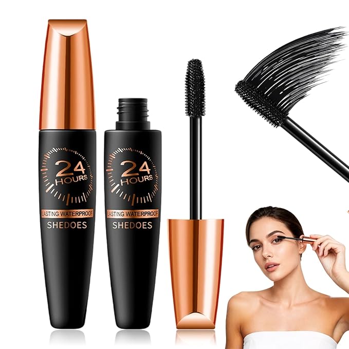 2PCS New Waterproof Silk Fibre Thick Lengthening Mascara, Iron Wand Curling Eyelash, Thick Lengthening 4D Silk Fiber Lash Mascara, No Flaking Long-Lasting, Ideal for Women Eye Makeup