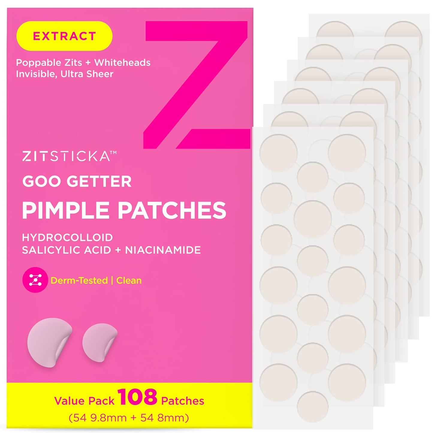 ZitSticka Pimple Patches for Face and Body, Goo Getter Hydrocolloid Patches to Cover Zits & Blemishes, Acne Patches or Zit Spot Stickers, Body Blemish Patch (108 Pack)