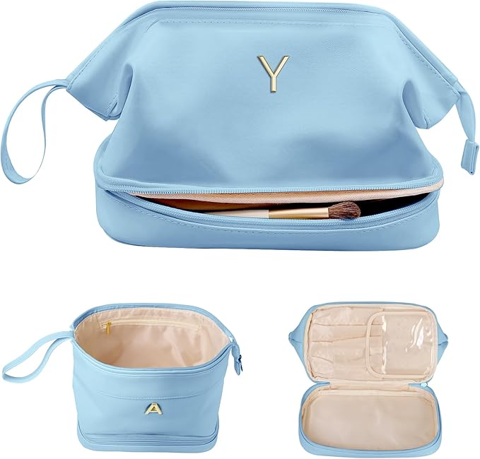 Travel Essentials for Friends Female Mom, Personalized Makeup Bag, Double Layer Cosmetic Bag with Makeup Brush Organizer, Waterproof, Large Capacity PU Leather Toiletry Bag Customized Gifts