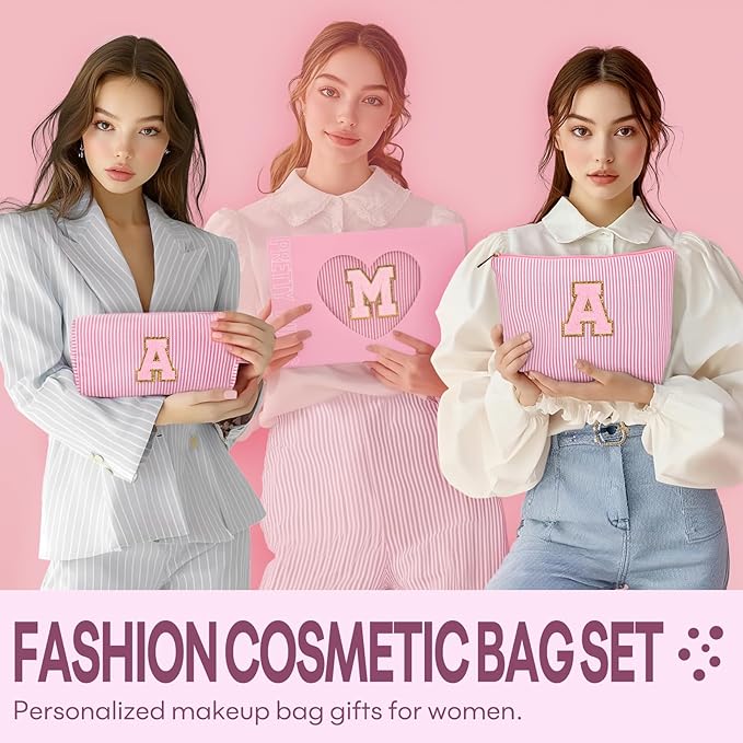 mibasies 2 PCS Initial Makeup Bags for Women: - Birthday Gifts for Teen Girls 11 12 13 14 15 16 Years Old - Preppy Trendy Stuff - Cosmetic Bag for Travel Toiletry - Pink K