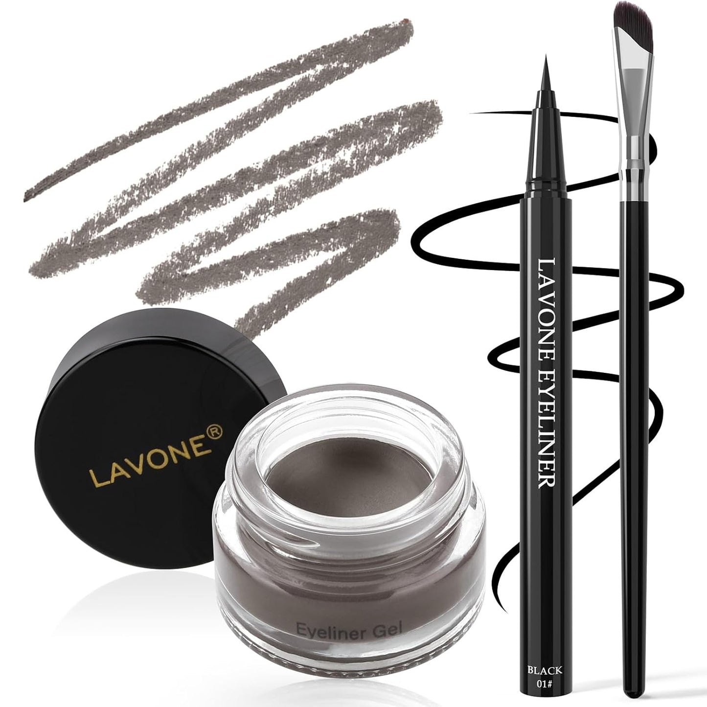 LAVONE Eyeliner Set - Waterproof Makeup Kit with Liquid eyeliner Pencil, Gel Eyeliner & Angled Eye liner Brush, Waterproof, Smudge Resistant, Long Lasting Formula - Gray