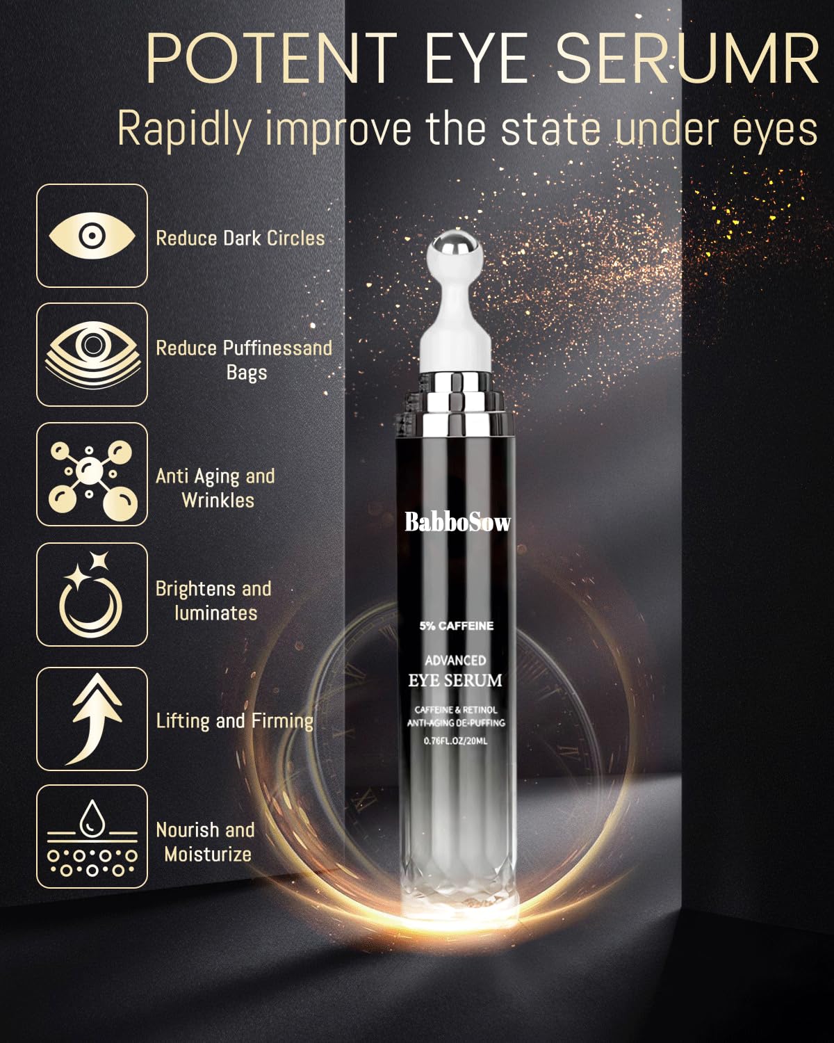 Caffeine Eye Cream and 24K Gold Eye Mask (20 pcs): Under Eye Serum for Dark Circles and Puffiness Eye Care Eye Serum Anti Aging with 360° Massage Ball Reduce Eye Bags, Wrinkles and Fine Lines