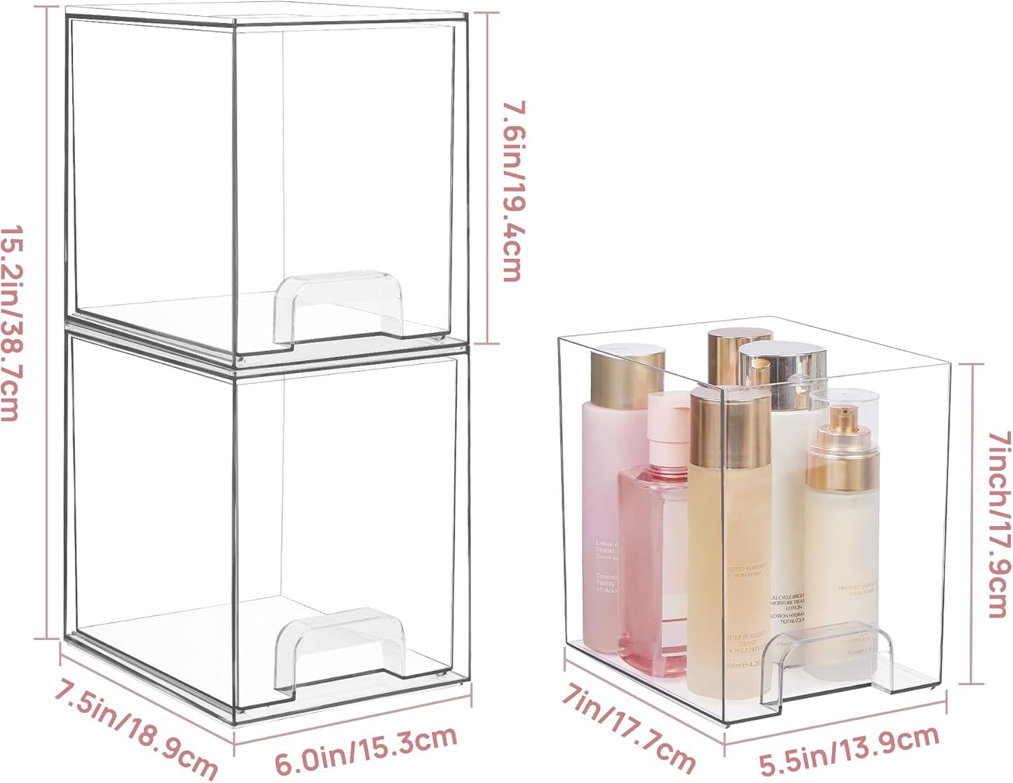 Vtopmart 7.6" H Clear Stackable Storage Drawers, 4 Pack Plastic Organizers Bins for Skincare, Cosmetics,Beauty Supplies,Ideal for Vanity, Bathroom,Kitchen Countertop,Cabinet Organization