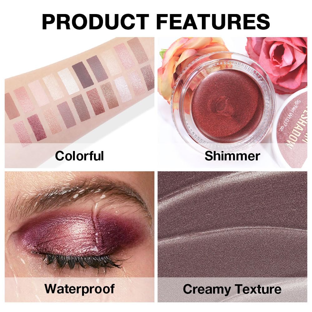 evpct Single Cream Eye Shadow Palette Pot Makeup for Older Women, Taupe Mauve Shimmer Glitter Metallic Monochrome Cream to Powder Eyeshadow Palette Eye Brightener, High Pigment Waterproof Blendable