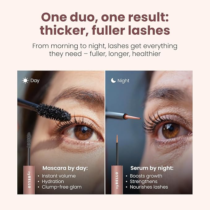 Trybello 2-in-1 Eyelash Growth Serum + Mascara Dual Wand | Natural Lash Growth Booster with Biotin, Peptides & Botanical Extracts | Volumizing, Thickening & Lengthening Formula for Fuller Eyelashes
