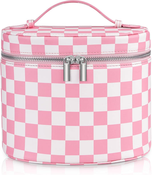 Makeup Bag Vanity Case Cosmetic Bag with Removable Divider Travel Toiletry Bag for Women Portable Make up Box Organizer, Pink and White
