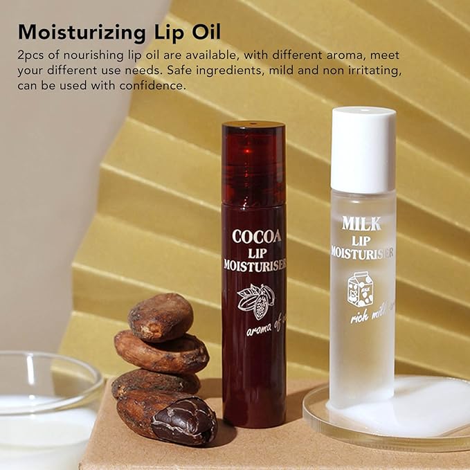 Hydrating Oil, 2pcs Roll On Hydrating Lip Gloss, 5ml Moisturizing Lip Balm Cocoa Bean Milk Lip Oil Hydrating Nourishing Day Night Repair