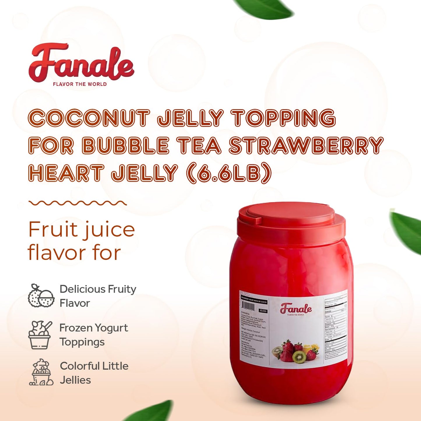 Fanale Coconut Jelly Topping nata de coco for Boba Tea | Ice Cream | Yogurt | Smoothie | Milk Tea | Desserts (Strawberry Heart Shaped, 6.6 lb) | JEL026