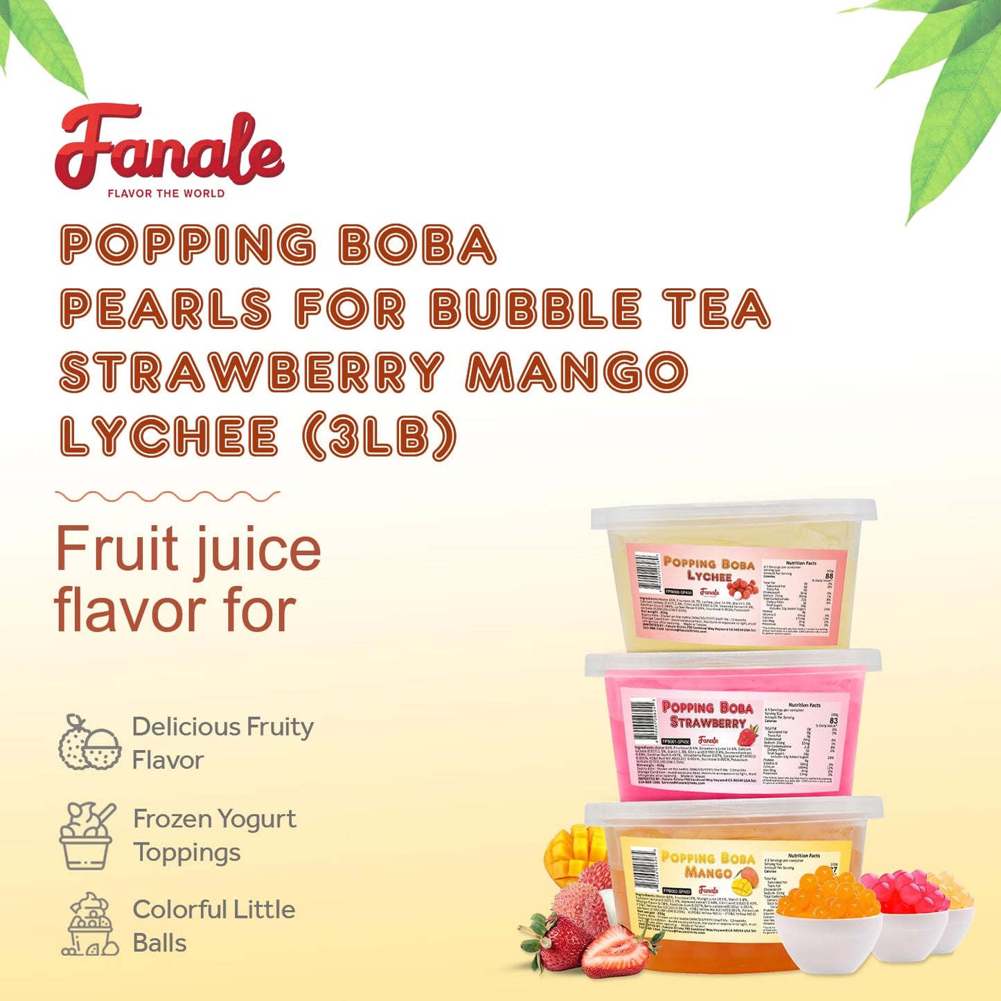 Fanale Strawberry Mango Lychee Popping Boba Pearls, Vegan, Non GMO, Gluten Free, Fat Free, Perfect for Bubble Tea, Smoothies, Ice Cream, Desserts, and Beverages 3 lb (1 lb X 3)