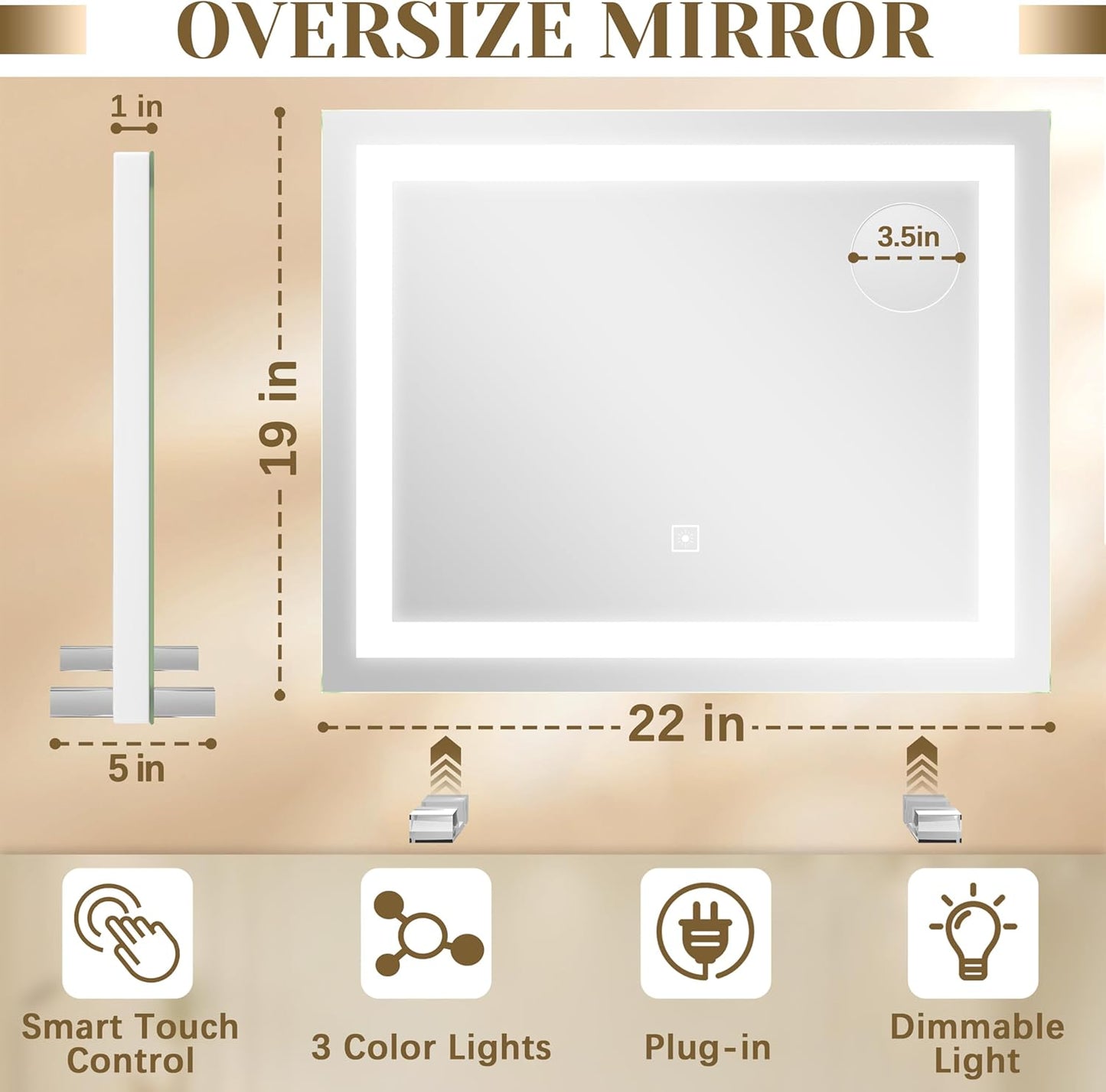 22x20 Inch Lighted Vanity Mirror, 3-Mode Touch Dimming LED Lighting, Large Makeup Mirror for Dressing Room, Tabletop or Wall-Mounted, White
