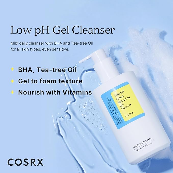 COSRX Low pH Good Morning Gel Cleanser (13.52fl.oz/400ml), BHA Face Wash, Daily Mild Face Cleanser for Sensitive Skin, PH Balancing, Korean Skin Care, Korean Face Wash, Korean Body Wash