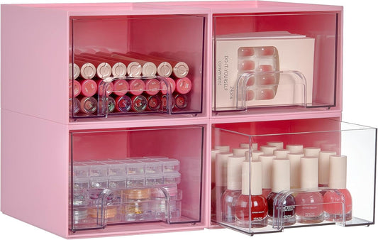 Vtopmart 4Pack Stackable Storage Drawers, 4.4'' Tall Bathroom Makeup Organizer,Plastic Storage Bins For Vanity, Undersink, Kitchen Cabinet, Pantry, Home Organization(Pink)