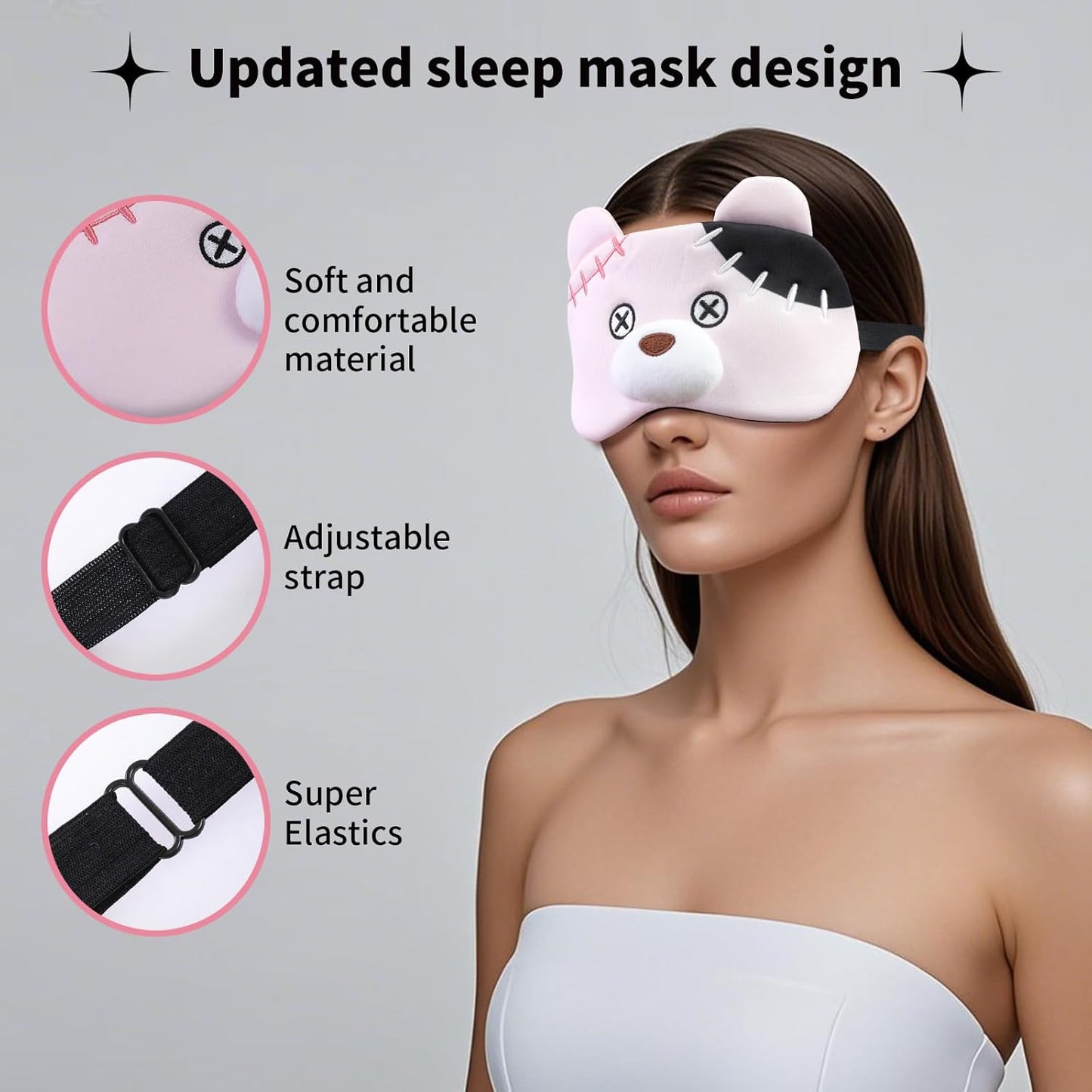 PERFECTSIGHT Sleep Eye Masks, Cute Plush Sleep Eye Cover Lightweight Adjustable Eyeshade Faux Fur Mask Cover for Women Men Kids Sleep Travel Nap, Pink Pudding Bear