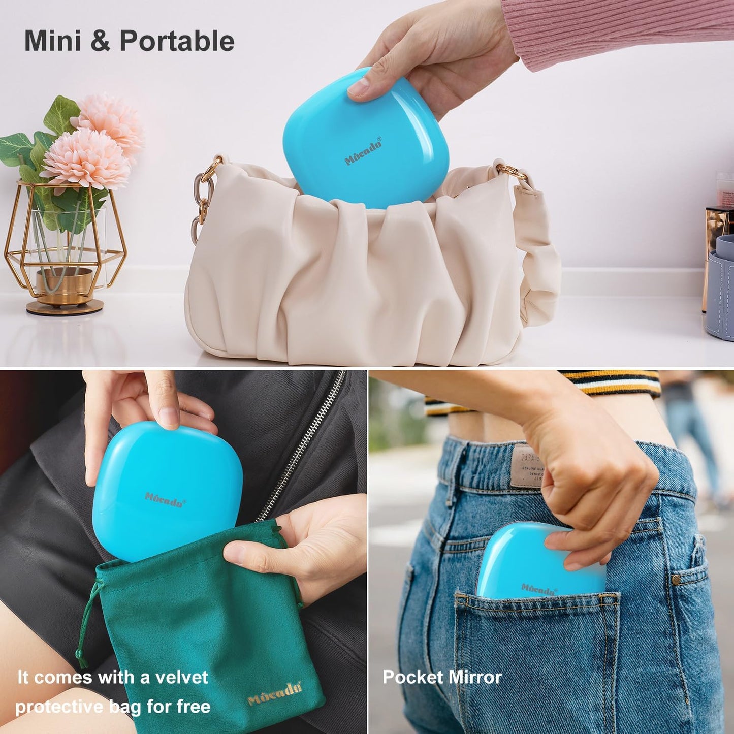 Mocado Compact LED Travel Makeup Mirror - 4 Inches 1X/10X Magnification Travel Mirror with Light Dimmable Double Sides Lighted USB Rechargeable Compact Mirror for Purse,Pocket,Travel(Blue)