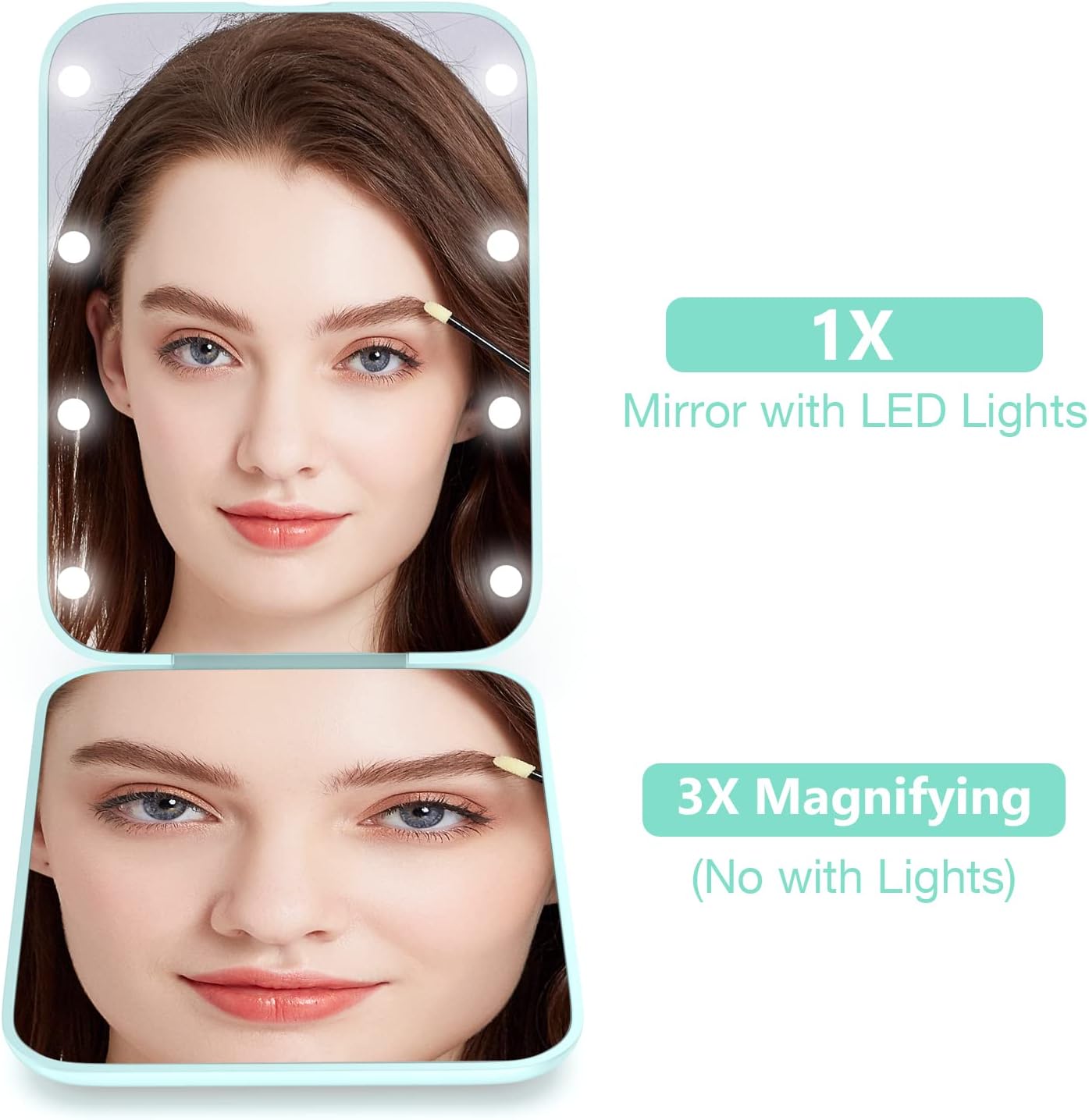 WOBSION Small Mirror with Lights,LED Compact Makeup Mirror,1x/3x Mini Travel Mirror with Magnification,Portable for Purse,Pocket,Gifts for Girls,Cyan