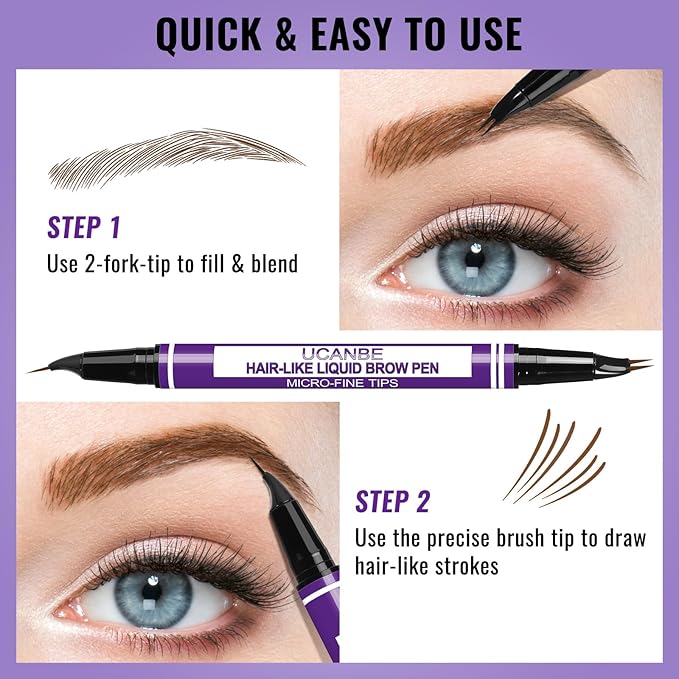 UCANBE Eyebrow Pen, Dual-Curved Eyebrow Pencils for Women, 2-in-1 Brow Pencil with 2-Fork-Tip & Precise Brush-Tip for Natural Hair-Like Brows, Waterproof Microblading Brow Pen Last 24Hrs(Soft Brown)
