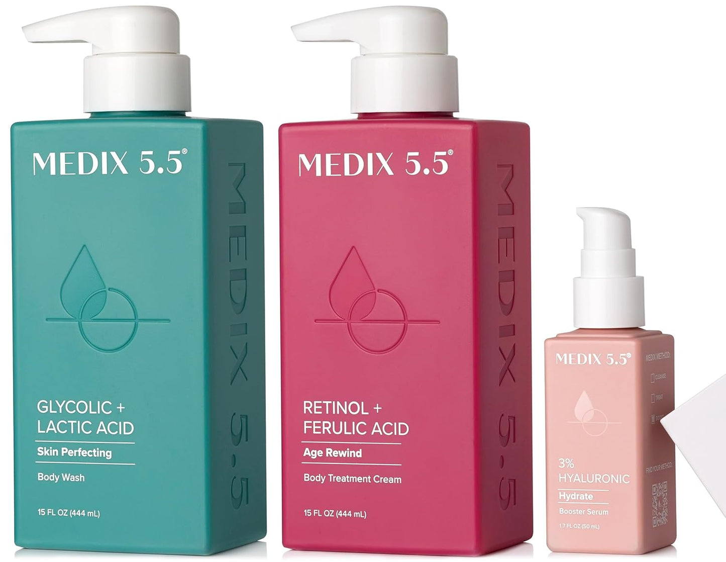 MEDIX 5.5 Anti Aging Skin Care 3PC Set | Retinol Body Cream + Exfoliating AHA Glycolic Acid Foaming Face Wash & Body Wash + Hyaluronic Acid Serum Booster, Wash + Treat + Hydrate Skincare Set, 3PC Set
