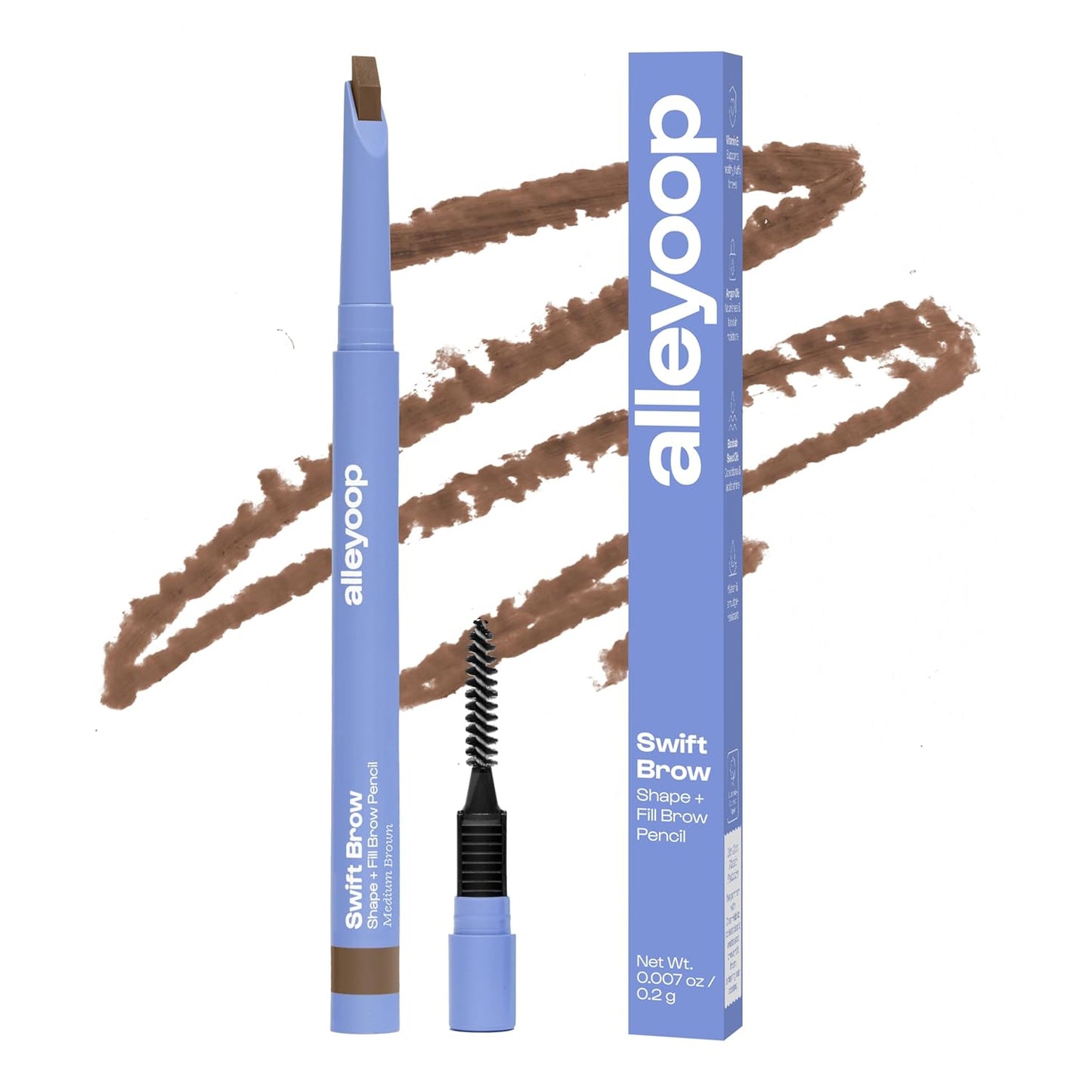 ALLEYOOP Swift Eyebrow All-In-1 Brow Definer with Built-In Sharpener & Spoolie Brush, Water & Smudge Resistant and Eyebrow Pencil for Women, Natural Matte Finish, Vegan, Cruelty-Free (Medium Brown)