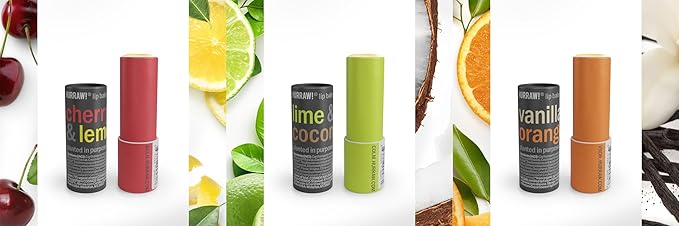 Hurraw! Cherry Lemon, Lime Coconut, and Vanilla Orange Lip Balm 3 Pack Bundle: Plastic-Free with new cardboard push-up tube. Certified Organic, Natural & Vegan. Bee, Shea, Soy & Palm Free. Made in USA