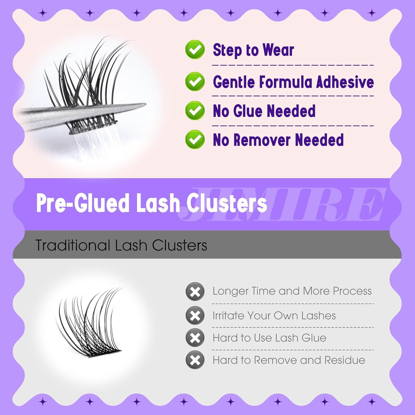 JIMIRE Self Adhesive Eyelashes Manga Lash Clusters Natural Look 11-13MM Wispy Pre Glued Lashes Clusters No Glue Needed Press on Lashes Reusable Invisible Band Fluffy Cluster Eyelash Extensions