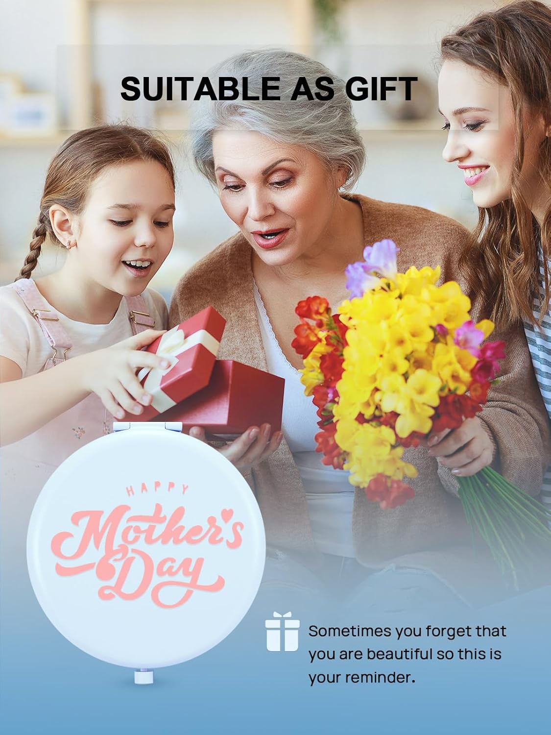 Compact Mirror for Purse, Set of 2 Double-Sided 1X/2X Magnifying Metal Pocket Makeup Mirrors(Round, Light Blue)