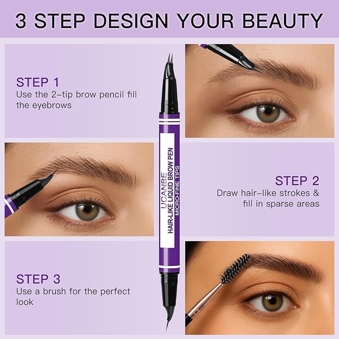 UCANBE Curved Eyebrow Pencils for Women with Spoolie Brush,Dual-Ended Eyebrow Pen with 2-Fork-Tip&Precise Brush-Tip,Microblading Brow Pen for Hair-Like Brows,Waterfool, Long Lasting,Soft Brown