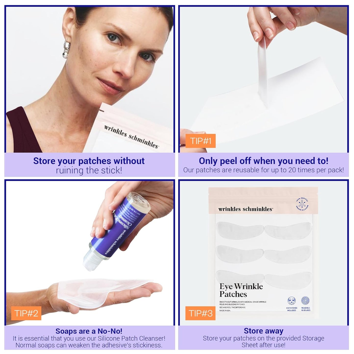 Wrinkles Schminkles Under Eye Wrinkle Starter Pack - Set of Reusable Under Eye Wrinkle Patches (3 pairs) + Silicone Patch Cleanser (2 oz) for Smoother Under Eyes & Fresh Look