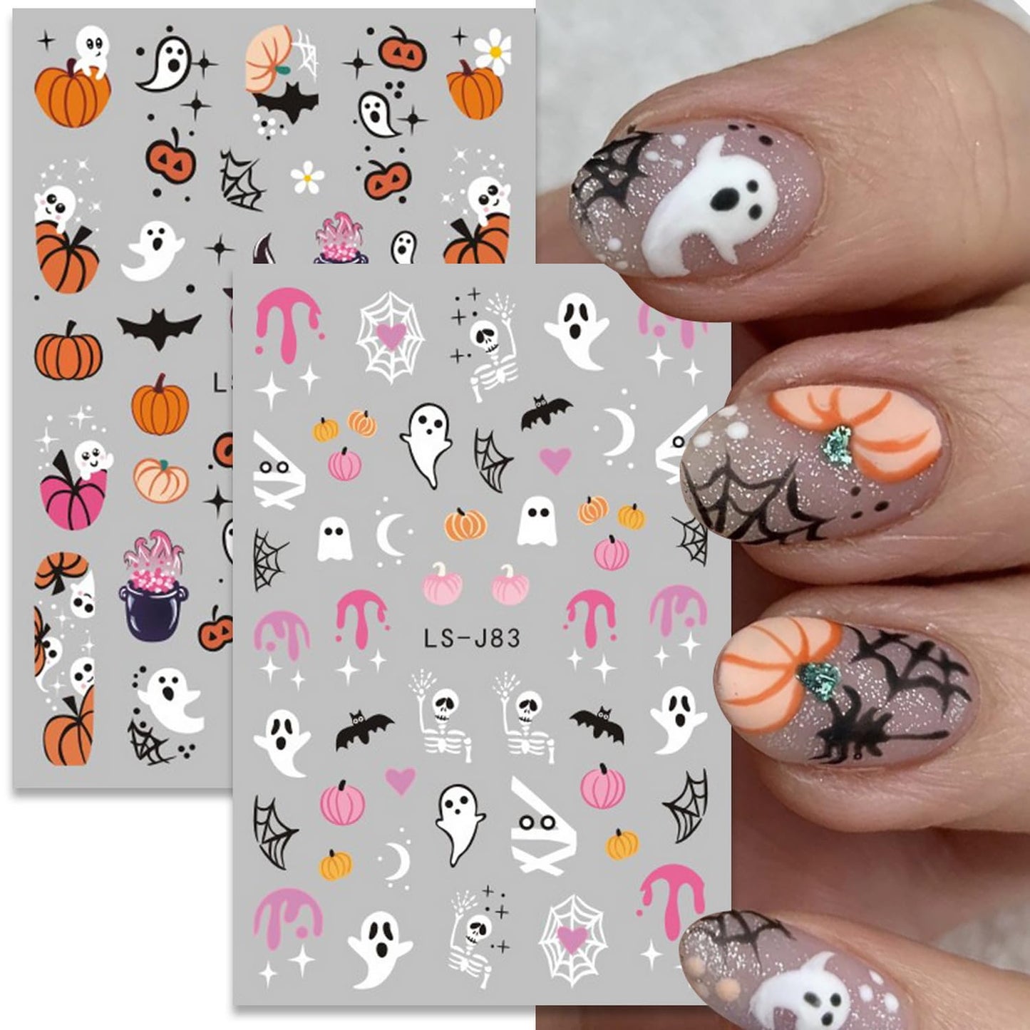 Halloween Nail Art Stickers Cute Ghost Pumpkin 3D Self-Adhesive Nail Decals Bat Cat Skull Designs Nail Decorations Halloween DIY Manicure Supplies for Women Girls&Kids 6Pcs