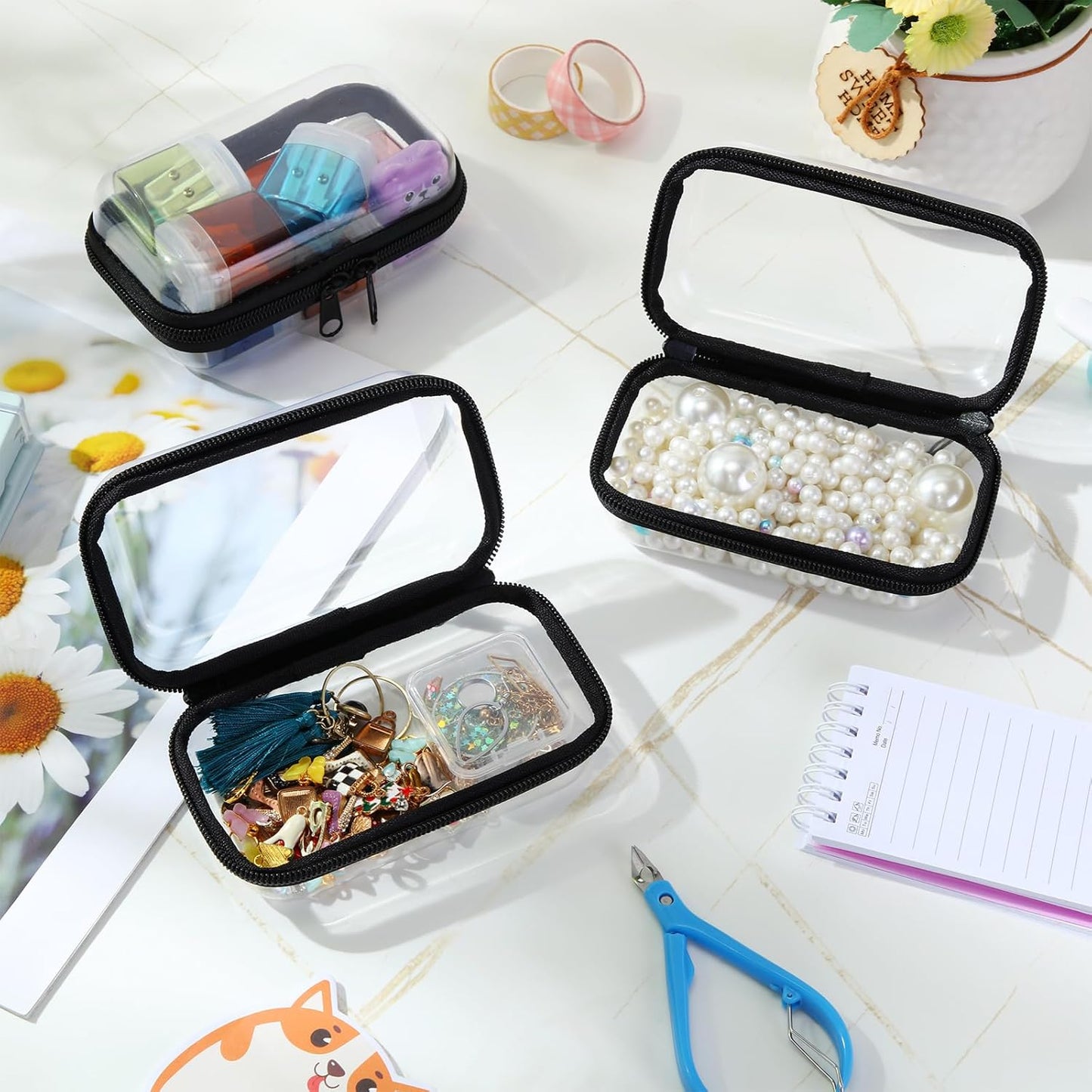 Hoolerry 3 Pcs Clear Hard Zipper Case Plastic Pouch Transparent Hard Case Clear Makeup Bag Portable Travel Organizer Bin for Cosmetics, Building Blocks, Puzzles(Black,Xs)
