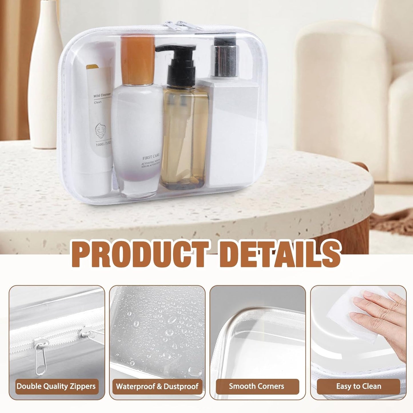 Clear Hard Shell Zipper Case 3 PCS Clear Cosmetic Make up Bag Waterproof Travel Toiletry Bag for Women, Hard Plastic Zipper Pouches Portable Travel Storage Organizer Bins (White, 10"x8"x2")