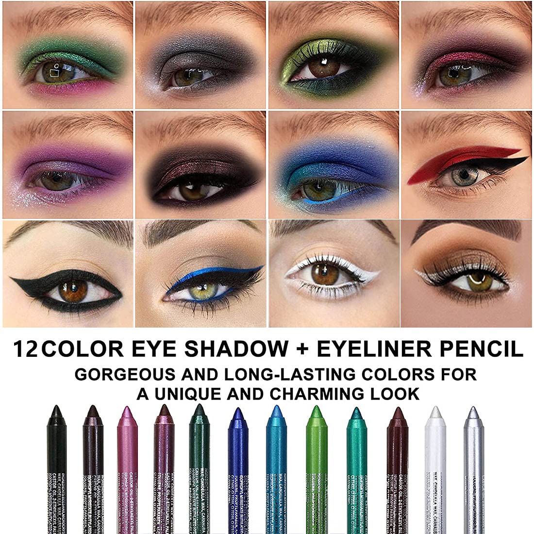 Kaely 12Pcs Glitter Gel Eyeliner Pencil Set for Women, Color Eye Liner Waterproof Smudge Proof with Sharpener, High Pigmented Eye Makeup Liners, lapiz de ojos delineador de ojos contra el agua, 01