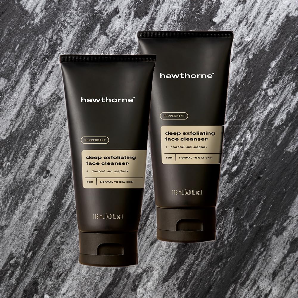 Hawthorne Men's Deep Exfoliating Charcoal Face Wash Cleanser For Normal to Oily Skin. Eliminate Dirt, Grease, and Grime. Natural Ingredients, Vegan, Sulfate Free. 2-Pack, 4 Fl. Oz. Each