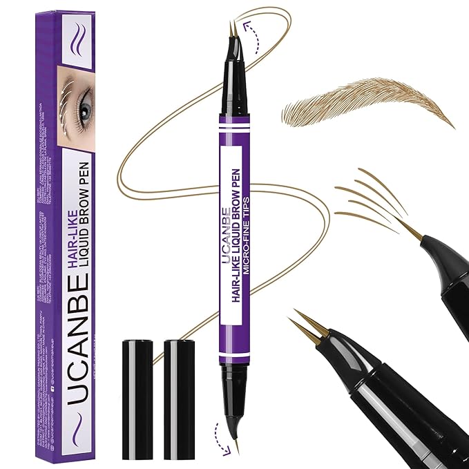 UCANBE Eyebrow Pen, Dual-Curved Eyebrow Pencils for Women, 2-in-1 Brow Pencil with 2-Fork-Tip & Precise Brush-Tip for Natural Hair-Like Brows, Waterproof Microblading Brow Pen Last 24Hrs(Light Brown)