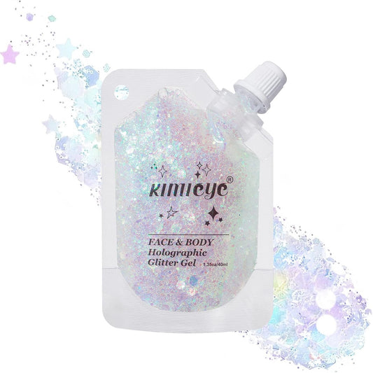Holographic Face Glitter Gel Body Shimmer Makeup for for Hair, Face, Clavicle, Arm, Nail, Eyeshadow, Long Lasting Waterproof Mermaid Sequins Party Glitter for Rave Festival, 1.35oz (Laser White #9)