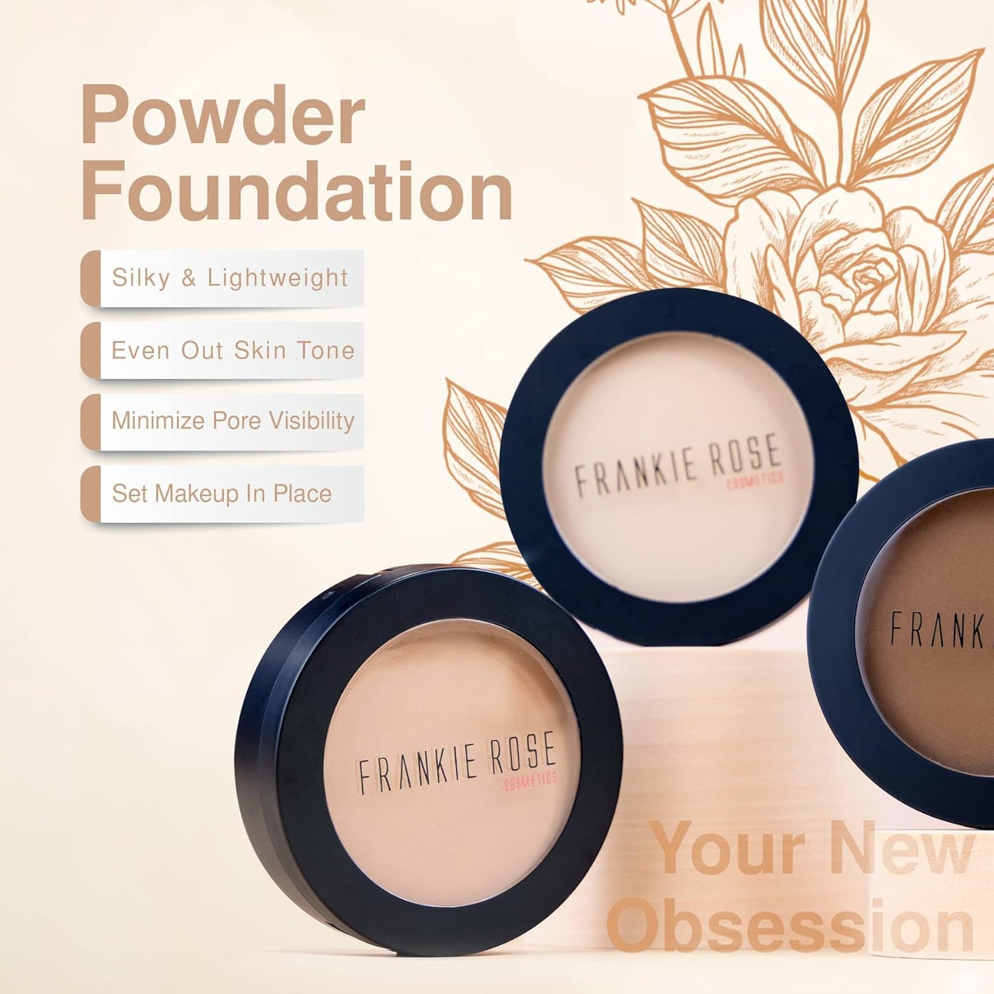 Frankie Rose Cosmetics Powder Foundation – Full Coverage Face Powder For Pores & Imperfections, Evens Out Skin Tone & Shine-Control | 58 Grams (Chestnut)