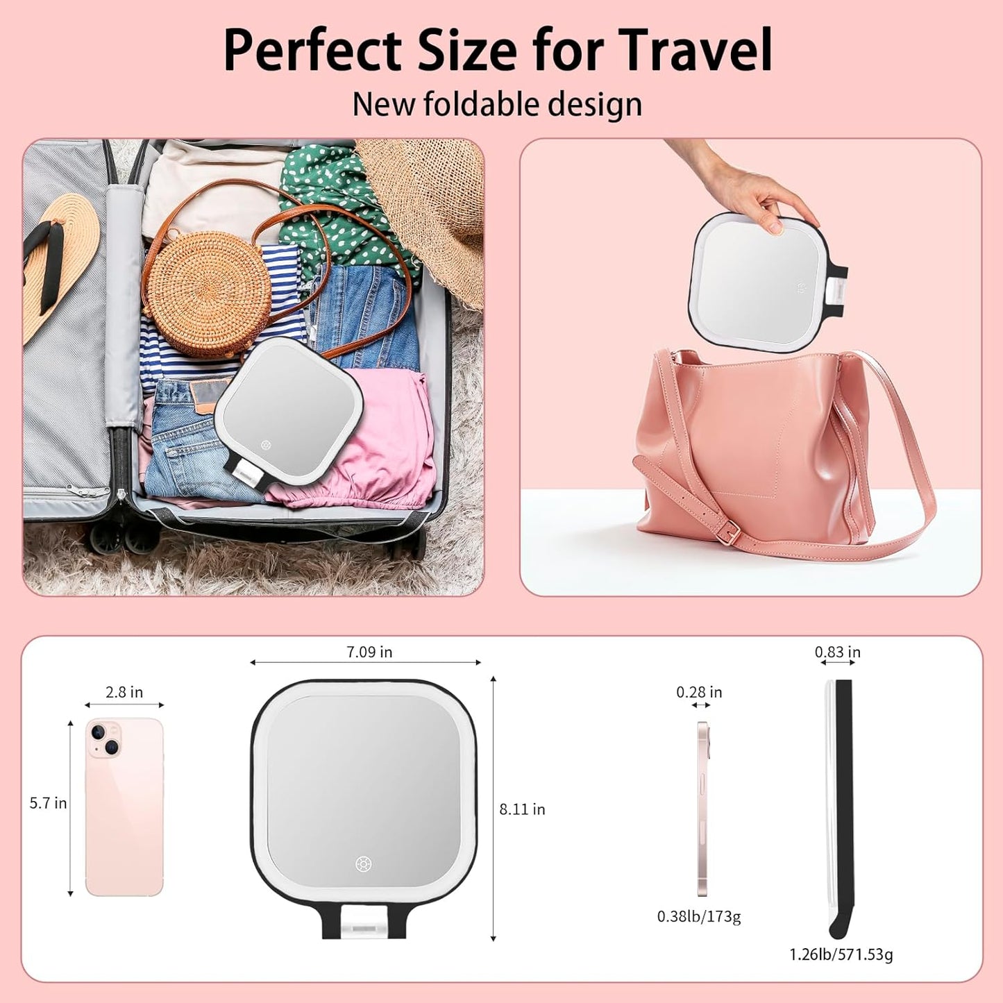 DESCHEN Rechargeable Travel Makeup Vanity Mirror with Lights and Magnification, Portable 1X/10X Magnifying Mirror with 3 Color Light, Lighted Makeup Mirror with Magnification (Black)